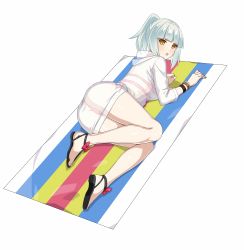 Rule 34 | 1girl, :o, ass, beach towel, blunt bangs, bracelet, cle masahiro, jewelry, lying, official art, sandals, sasaharu miharu, see-through, simple background, solo, towel, valkyrie drive, valkyrie drive -siren-, white background, white hair