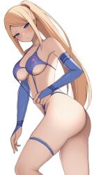 Rule 34 | 1girl, ass, blonde hair, blue eyes, blue one-piece swimsuit, blush, breasts, bridal gauntlets, closed mouth, fingerless gloves, gloves, high ponytail, highres, large breasts, long hair, metroid, mole, mole under mouth, nintendo, one-piece swimsuit, ponytail, samus aran, simple background, skindentation, slingshot swimsuit, solo, sweatdrop, swimsuit, thigh strap, thighs, very long hair, wabimochi, white background