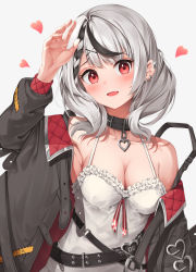 Rule 34 | 1girl, arm up, belt, black choker, black hair, black jacket, braid, breasts, choker, cleavage, dress, ear piercing, earrings, fang, heart, heart choker, highres, hololive, jacket, jewelry, large breasts, looking at viewer, multicolored hair, off shoulder, open mouth, piercing, red eyes, sakamata chloe, sayu (mini 2704), single braid, solo, spaghetti strap, upper body, virtual youtuber, white background, white dress, white hair
