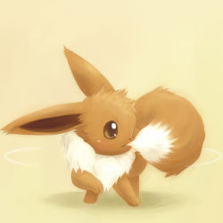 Rule 34 | animal focus, beige background, biting, blush, brown eyes, brown theme, chasing, closed mouth, creatures (company), eevee, fluffy, full body, fur collar, game freak, gen 1 pokemon, light blush, motion lines, mouth hold, nintendo, no humans, pokemon, pokemon (creature), simple background, solo, standing, tsuji, yellow background