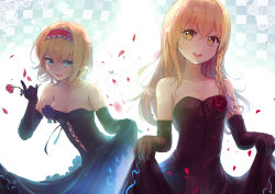 Rule 34 | 2girls, :d, alice margatroid, alternate costume, backlighting, bare shoulders, black dress, black gloves, blonde hair, blue eyes, blue flower, blue rose, bow, braid, breasts, cleavage, clothes lift, collarbone, cross-laced clothes, culter, dress, dress lift, earrings, elbow gloves, evening gown, eyelashes, flower, formal, gloves, hair bow, hair over shoulder, hairband, holding, holding flower, jewelry, kirisame marisa, lolita hairband, long hair, looking at viewer, multiple girls, necklace, open mouth, petals, red flower, red rose, rose, rose petals, short hair, side braid, single braid, skirt hold, sleeveless, sleeveless dress, small breasts, smile, strapless, strapless dress, touhou, white bow, yellow eyes