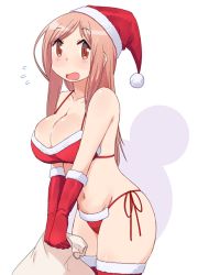 Rule 34 | 1girl, aikawa chiho, areola slip, bare shoulders, bikini, blush, breasts, brown eyes, brown hair, christmas, cleavage, collarbone, commentary request, elbow gloves, flying sweatdrops, fur-trimmed bikini, fur-trimmed gloves, fur-trimmed headwear, fur trim, gloves, hat, holding, holding sack, katatsuka kouji, large breasts, long hair, looking at viewer, navel, open mouth, pom pom (clothes), red bikini, red gloves, red hat, red thighhighs, sack, santa bikini, santa gloves, santa hat, side-tie bikini bottom, solo, standing, stomach, swimsuit, thighhighs, white background, yuyushiki