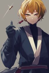 Rule 34 | 1boy, absurdres, black gloves, black shirt, blonde hair, closed mouth, coin, commentary request, earrings, eyebrows hidden by hair, gloves, grey background, hand up, highres, jewelry, korean clothes, kyuryuu anuma, limbus company, long sleeves, male focus, project moon, shirt, short hair, simple background, sinclair (project moon), single earring, solo, upper body, yellow eyes