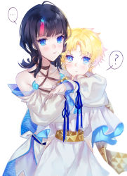 Rule 34 | ..., 1boy, 1girl, ?, baggy clothes, bare shoulders, black hair, blonde hair, blue eyes, blue ribbon, blush, breasts, collarbone, dress, fate/grand order, fate/requiem, fate (series), highres, hug, jewelry, large breasts, long sleeves, looking at viewer, magatama, medium hair, multicolored hair, muneomon (takomon), necklace, parted bangs, pink hair, pout, puffy cheeks, puffy long sleeves, puffy sleeves, ribbon, scarf, seigaiha, shirt, short dress, short hair, sidelocks, simple background, streaked hair, two-sided fabric, two-sided skirt, utsumi erice, voyager (fate), white background, white dress, white shirt, yellow scarf