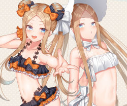 Rule 34 | 2girls, abigail williams (fate), abigail williams (swimsuit foreigner) (fate), abigail williams (swimsuit foreigner) (third ascension) (fate), absurdres, bare shoulders, bikini, black bikini, black bow, black skirt, blonde hair, blue eyes, blush, bonnet, bow, breasts, collarbone, double bun, dual persona, emerald float, fate/grand order, fate (series), forehead, frilled bikini, frills, hair bow, hair bun, highres, komainu (yamaha1997), long hair, looking at viewer, microskirt, miniskirt, multiple bows, multiple girls, navel, official alternate costume, orange bow, parted bangs, polka dot, polka dot bow, sidelocks, skirt, small breasts, swimsuit, twintails, very long hair, white bikini, white bow, white headwear