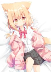 Rule 34 | 1girl, animal ear fluff, animal ears, bed sheet, black skirt, blonde hair, bow, brown eyes, camisole, collarbone, collared shirt, commentary request, dress shirt, feet out of frame, hair between eyes, hair bow, hair ornament, hairclip, highres, jacket, long hair, long sleeves, looking at viewer, low twintails, lying, miike-chan, nakkar, off shoulder, on back, open clothes, open jacket, original, pink jacket, pleated skirt, red bow, shirt, skirt, sleeves past fingers, sleeves past wrists, solo, tail, twintails, twitter username, unworn hair ornament, unworn hairclip, white bow, white camisole, white shirt
