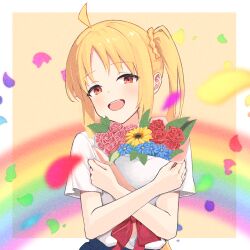 Rule 34 | 1girl, ahoge, blonde hair, blue flower, blurry, bocchi the rock!, border, bouquet, commentary request, depth of field, falling petals, flower, hair ornament, hair scrunchie, highres, ijichi nijika, light blush, looking at viewer, hugging object, open mouth, petals, rainbow background, red eyes, red flower, red ribbon, ribbon, scrunchie, shirt, short sleeves, side ponytail, smile, solo, spell phd, teeth, upper body, upper teeth only, white border, white shirt, yellow flower, yellow scrunchie