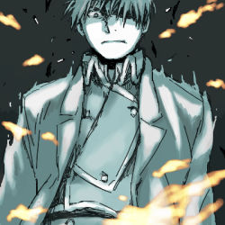 Rule 34 | 1boy, amestris military uniform, black background, close-up, coat, expressionless, fire, fullmetal alchemist, hair over one eye, lowres, male focus, mattsu, military, military uniform, roy mustang, shaded face, short hair, simple background, uniform, upper body