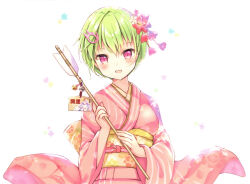 Rule 34 | 1girl, :d, arrow (projectile), bell, bloom, blush, crocodile hair ornament, eyelashes, floral print, flower, green hair, hair between eyes, hair flower, hair ornament, happy, highres, holding, holding arrow, humuyun, japanese clothes, jingle bell, kanzashi, kimono, long sleeves, looking at viewer, nomura miki, open mouth, pink hair, pink kimono, red flower, sash, short hair, simple background, smile, solo, straight-on, summer pockets, white background, white flower, wide sleeves, yellow sash, yukata