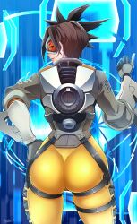 Rule 34 | 1girl, artist name, ass, bodysuit, brown hair, butcha-u, chest harness, from behind, gloves, goggles, grey background, harness, highres, looking back, orange-tinted eyewear, overwatch, overwatch 1, shiny clothes, skin tight, skindentation, smile, solo, spiked hair, thigh strap, tinted eyewear, tracer (overwatch)