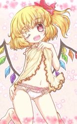 Rule 34 | 1girl, blonde hair, blush, bow, breasts, cameltoe, camisole, camisole lift, clothes lift, fangs, flandre scarlet, floral background, frilled panties, frills, gluteal fold, hair bow, hand on own hip, hat, highres, kinoeda, kneeling, navel, nipples, one eye closed, open mouth, panties, pink background, pink panties, red eyes, see-through, short hair, side ponytail, small breasts, solo, strap slip, touhou, underwear, unworn hat, unworn headwear, wings