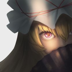 Rule 34 | 1girl, amino (tn7135), bad id, bad pixiv id, blonde hair, covering own mouth, face, grey background, hand fan, hat, hat ribbon, long hair, looking at viewer, mob cap, out of frame, purple eyes, ribbon, solo, touhou, yakumo yukari