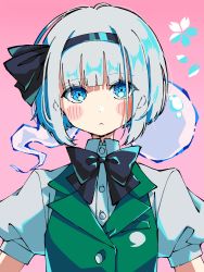 Rule 34 | 1girl, :&lt;, black bow, black bowtie, black hairband, blue eyes, blush, blush stickers, bob cut, bow, bowtie, buttons, closed mouth, collared shirt, commentary request, green vest, grey hair, hairband, highres, hitodama print, konpaku youmu, konpaku youmu (ghost), looking at viewer, pink background, puffy short sleeves, puffy sleeves, shirt, short hair, short sleeves, simple background, solo, touhou, upper body, vest, wakamarunn33, wing collar