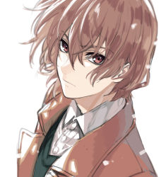 Rule 34 | 1boy, absurdres, akechi gorou, brown coat, brown hair, cezaria, coat, collared shirt, dress shirt, expressionless, eyes visible through hair, hair between eyes, highres, male focus, open clothes, open coat, persona, persona 5, red eyes, shirt, short hair, simple background, snow, snowing, solo, sweater vest, vest, white background, white shirt