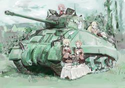 Rule 34 | 4girls, absurdres, artist request, assam (girls und panzer), blonde hair, breasts, caterpillar tracks, cloud, commentary request, cup, darjeeling (girls und panzer), day, emblem, girls und panzer, grass, highres, house, long hair, looking at viewer, m4 sherman, military, military uniform, military vehicle, motor vehicle, multiple girls, orange hair, orange pekoe (girls und panzer), red hair, rosehip (girls und panzer), sherman firefly, short hair, skirt, sky, smile, st. gloriana&#039;s (emblem), st. gloriana&#039;s military uniform, table, tank, teacup, teapot, traditional media, uniform