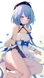 Rule 34 | 1girl, absurdres, blue hair, blush, choker, closed mouth, dress, flower, griseo, griseo (starry impression), hair flower, hair ornament, hat, highres, honkai (series), honkai impact 3rd, long hair, looking at viewer, lying, on side, panties, purple eyes, smile, solo, thighs, underwear, usagi poi, white background