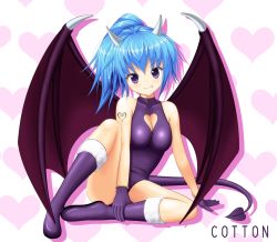 Rule 34 | 00s, 1girl, arm support, bad id, bad pixiv id, bare shoulders, beyblade, blue hair, blush, boots, breasts, character name, cleavage, cleavage cutout, closed mouth, clothing cutout, cotton (beyblade), covered collarbone, demon girl, demon tail, demon wings, drop shadow, fang, fang out, full body, fur trim, gloves, halterneck, head tilt, heart, heart background, heart cutout, heart tattoo, high ponytail, horns, impossible clothes, impossible leotard, jisedai beigoma battle beyblade, knee boots, knee up, leaning, leotard, light smile, looking at viewer, medium breasts, muhi shogun, ponytail, purple eyes, purple footwear, purple gloves, shadow, sitting, smile, solo, spread legs, tail, tattoo, turtleneck, white background, wings