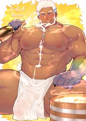 Rule 34 | 1boy, abs, aegir (housamo), bara, beard, blue eyes, bottle, bulge, cowboy shot, dark-skinned male, dark skin, facial hair, highres, jewelry, large pectorals, large penis, male focus, manly, muscular, navel, necklace, nipples, pectorals, penis, pouring, pouring onto self, raised eyebrow, short hair, simple background, solo, thick thighs, thighs, tokyo houkago summoners, topless male, white hair, yuufreak