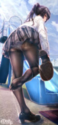 Rule 34 | 1girl, ass, black hair, black pantyhose, black skirt, blue panties, blue sky, blush, breasts, closed mouth, cloud, cloudy sky, commentary request, dress shirt, feet, from behind, full body, hair between eyes, half updo, holding, holding shoes, hot, leaning forward, light rays, long hair, long sleeves, looking at viewer, looking back, medium breasts, miniskirt, no shoes, original, outdoors, panties, pantyhose, pantyshot, pavement, plaid, plaid skirt, ponytail, school uniform, scrunchie, shirt, unworn shoe, shoes, unworn shoes, signature, single shoe, skirt, sky, slide, soles, solo, standing, standing on one leg, sunlight, sweat, sweatdrop, nervous sweating, thighs, toes, underwear, unohana pochiko, wet, wet clothes, wet panties, white shirt, yellow eyes