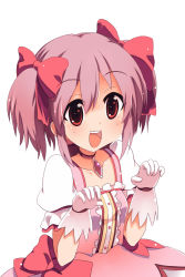 Rule 34 | 10s, 1girl, :d, bad aspect ratio, blush, bow, brooch, choker, dress, gloves, hair bow, hair ribbon, jewelry, kaname madoka, magical girl, mahou shoujo madoka magica, mahou shoujo madoka magica (anime), necklace, open mouth, paw pose, pink dress, pink hair, red eyes, ribbon, short hair, short twintails, simple background, smile, solo, sora to umi, twintails, white gloves