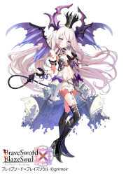 Rule 34 | 1girl, black thighhighs, blush, boots, brave sword x blaze soul, breasts, chain, copyright name, crown, demon girl, demon horns, demon tail, demon wings, detached collar, detached sleeves, dress, embarrassed, floating hair, frilled dress, frilled sleeves, frills, gaou (umaiyo puyoman), garter straps, hand up, high heel boots, high heels, highres, holding, holding tail, horns, long hair, looking at viewer, navel, official art, parted lips, purple eyes, short sleeves, simple background, small breasts, smirk, solo, standing, striped clothes, striped dress, tail, thigh boots, thighhighs, torn clothes, torn dress, vertical-striped clothes, vertical-striped dress, watermark, white background, white dress, white hair, wings