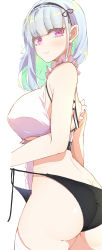 Rule 34 | 1girl, absurdres, ass, azur lane, bare shoulders, black hairband, black panties, black ribbon, blush, breasts, closed mouth, colored inner hair, cowboy shot, dido (azur lane), e sky rugo, earrings, from behind, green hair, grey hair, hair ribbon, hairband, highres, jewelry, large breasts, looking at viewer, looking back, multicolored hair, panties, pink eyes, ribbon, side-tie panties, simple background, smile, solo, standing, thighhighs, two-tone hair, underwear, untied panties, white background, white thighhighs