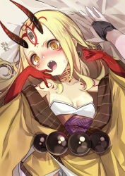 Rule 34 | 1girl, :o, blonde hair, breasts, colored skin, facial mark, facial tattoo, fang, fate/grand order, fate (series), forehead mark, highres, horns, ibaraki douji (fate), japanese clothes, kimono, long hair, looking at viewer, lying, on back, oni horns, open mouth, red skin, slit pupils, small breasts, solo focus, tattoo, upper body, yamacchi, yellow eyes, yellow kimono