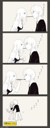 Rule 34 | 1boy, 1girl, 4koma, black shirt, breasts, brown eyes, cleavage, colored skin, comic, couple, earrings, food, highres, jacket, jewelry, long hair, monochrome, original, poaro, pocky, pocky kiss, shared food, shirt, simple background, skirt, slippers, socks, spot color, translation request, twitter username, v-neck, white skin
