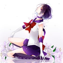Rule 34 | 1girl, bishoujo senshi sailor moon, black hair, boots, bow, brooch, choker, cross-laced footwear, elbow gloves, flower, from side, full body, gloves, hanasato (okashino), knee boots, lace-up boots, lily (flower), parted lips, pleated skirt, purple eyes, purple footwear, purple skirt, red bow, reflection, reflective floor, sailor saturn, short hair, sitting, skirt, solo, star brooch, tomoe hotaru, wariza, white background, white gloves