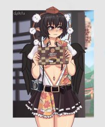 Rule 34 | 1girl, absurdres, artist name, belt, black hair, black wings, box, breasts, camera, commentary, cowboy shot, day, duhota, embarrassed, english commentary, feathered wings, frilled skirt, frills, hair between eyes, hat, highres, holding, holding box, indoors, lantern, leaf print, looking to the side, maple leaf print, medium breasts, navel, no bra, open clothes, open shirt, paper lantern, pointy ears, pom pom (clothes), print shirt, print skirt, red eyes, russian text, shameimaru aya, shirt, short hair, skirt, solo, tokin hat, torii, touhou, translated, underboob, wavy mouth, wings, yin yang