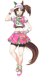 1girl absurdres adjusting_clothes adjusting_headwear animal_ears belt bike_shorts blush breasts brown_hair collarbone full_body green_eyes highres horse_ears ines_fujin_(umamusume) ishimori_sakana looking_at_viewer medium_breasts midriff navel open_mouth shoes simple_background solo standing umamusume visor_cap white_background