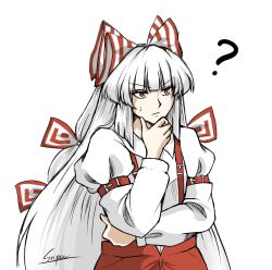 1girl ? arm_belt bow commentary fujiwara_no_mokou hair_bow hand_on_own_chin long_hair looking_afar pants red_bow red_eyes red_pants shirt signature simple_background sniper16783072 solo striped_bow suspender_pants symbol-only_commentary thinking touhou two-tone_bow very_long_hair white_background white_bow white_hair white_shirt