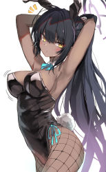 Rule 34 | 1girl, absurdres, armpits, arms behind head, arms up, black hair, black leotard, blue archive, blush, bow, bowtie, breasts, commentary request, cowboy shot, curvy, dark-skinned female, dark skin, detached collar, fishnet pantyhose, fishnets, hair between eyes, halo, highleg, highleg leotard, highres, karin (blue archive), karin (bunny) (blue archive), large breasts, leotard, long hair, looking at viewer, notice lines, official alternate costume, pantyhose, playboy bunny, rabbit tail, shiny clothes, shiny skin, simple background, solo, standing, strapless, strapless leotard, sweatdrop, tail, toshizou (0714), traditional bowtie, very long hair, white background, wide hips, yellow eyes