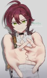 Rule 34 | 1boy, arakawa cristal, artist name, character name, closed mouth, genshin impact, green eyes, hair between eyes, hand focus, highres, japanese clothes, long hair, looking at viewer, male focus, mole, mole under eye, multicolored hair, red hair, shikanoin heizou, shirt, smile, solo, streaked hair, twitter username, white shirt