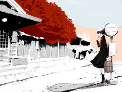 Rule 34 | architecture, bad id, bad pixiv id, black hair, bus stop, east asian architecture, emukami, flower, school uniform, solo, tree