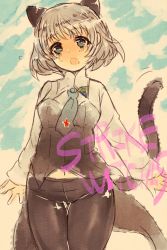 Rule 34 | 1girl, animal ears, black pantyhose, blush, cat ears, cat tail, cloud, coattails, copyright name, crotch seam, flying sweatdrops, highres, hiiragi miko, long sleeves, miko (0721miko), military, military uniform, navel, necktie, open mouth, panties, panties under pantyhose, pantyhose, sanya v. litvyak, short hair, silver hair, sky, solo, star (symbol), strike witches, tail, tailcoat, underwear, uniform, world witches series