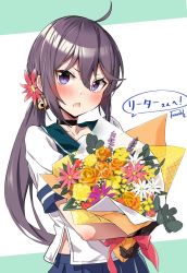 Rule 34 | 1girl, akebono (kancolle), bell, black choker, blue sailor collar, bouquet, choker, commentary request, commission, flower, hair bell, hair flower, hair ornament, jingle bell, kantai collection, long hair, looking at viewer, purple eyes, purple hair, sailor collar, school uniform, serafuku, short sleeves, side ponytail, skeb commission, solo, takanashi kei (hitsujikan), two-tone background, upper body, very long hair