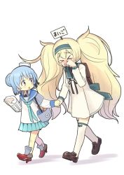 Rule 34 | &gt; &lt;, 2girls, ahenn, aqua neckwear, aqua skirt, backpack, bag, black ribbon, blonde hair, blue hair, blue sailor collar, book, breasts, closed eyes, commentary request, dixie cup hat, double bun, dragging, dress, full body, gambier bay (kancolle), hair bun, hat, hat ribbon, holding hands, kantai collection, large breasts, loafers, long sleeves, lost child, military hat, miniskirt, multiple girls, neckerchief, pleated skirt, ribbon, sailor collar, sailor dress, samuel b. roberts (kancolle), school uniform, serafuku, shirt, shoes, short hair, sign, simple background, skirt, thighhighs, translated, twintails, white background, white hat, white legwear, white shirt, yellow eyes