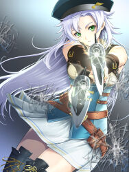 Rule 34 | 1girl, bare shoulders, belt pouch, boots, breasts, chiga akira, crack, cracked glass, cracked screen, cropped jacket, curtained hair, dual wielding, eiyuu densetsu, elbow gloves, fie claussell, fingerless gloves, gloves, green eyes, gunblade, highres, holding, holding weapon, kuro no kiseki, long hair, looking at viewer, pointing, pointing at viewer, pointing weapon, pouch, scarf, simple background, skirt, small breasts, solo, two-tone background, weapon, white hair
