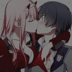 Rule 34 | 10s, 1boy, 1girl, black hair, blue eyes, blush, breasts, cleavage, commentary request, couple, darling in the franxx, closed eyes, face-to-face, hair ornament, hairband, hand on another&#039;s chest, hetero, hiro (darling in the franxx), horns, kiss, long hair, looking at another, lowres, military, military uniform, necktie, no legwear, oni horns, open clothes, orange neckwear, pink hair, red horns, red neckwear, scanlines, sweatdrop, toma (norishio), uniform, white hairband, zero two (darling in the franxx)
