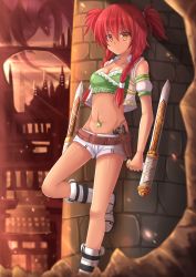 Rule 34 | 1girl, architecture, belt, blurry, braid, breasts, brick wall, cleavage, dark-skinned female, dark skin, depth of field, dragon, dual wielding, fantasy, full body, groin, hair between eyes, hair over shoulder, highres, holding, holster, kazenokaze, leg up, legs, long hair, looking at viewer, midriff, navel, navel piercing, orange eyes, original, petals, piercing, red hair, shiny skin, shoes, short shorts, shorts, solo, standing, standing on one leg, stitches, sun, sunlight, tattoo, tonfa, twin braids, twintails, vest, weapon
