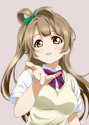 Rule 34 | 1girl, :3, artist name, artist request, blowing kiss, blush, bow, bowtie, breasts, brown eyes, brown hair, collared shirt, female focus, green bow, grey background, grey hair, hair bow, hair rings, highres, light brown hair, long hair, long sleeves, looking at viewer, love live!, love live! school idol project, medium breasts, minami kotori, nail, nail polish, otonokizaka school uniform, parted lips, pink nails, pink nails, ponytail, red bow, school uniform, shirt, short sleeves, side ponytail, smile, solo, striped, striped bow, sweater vest, teeth, upper body, vest, white shirt, yellow eyes, yellow vest