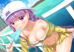 Rule 34 | 1girl, absurdres, backwards hat, bare shoulders, baseball cap, bb (fate), bb (fate) (all), bb (swimsuit mooncancer) (fate), bb (swimsuit mooncancer) (first ascension) (fate), beach, bikini, blush, breasts, cleavage, collarbone, cropped jacket, day, fate/grand order, fate (series), food, hat, highres, jacket, large breasts, long hair, long sleeves, looking at viewer, navel, ocean, popsicle, purple eyes, purple hair, skirt, solo, swimsuit, take-run-atelier, tongue, tongue out, very long hair, white bikini, white hat, yellow jacket, yellow skirt