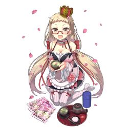 Rule 34 | 1girl, artist request, blonde hair, breasts, character request, cherry blossoms, cleavage, crown, cup, female focus, flower, full body, glasses, holding, kneeling, knees together feet apart, large breasts, long hair, magazine (object), no shoes, open mouth, plant, red-framed eyewear, ribbon-trimmed legwear, ribbon trim, semi-rimless eyewear, solo, thighhighs, transparent background, tray, uchi no hime-sama ga ichiban kawaii, very long hair, white background, yellow eyes