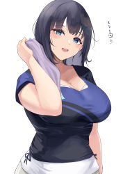Rule 34 | 1girl, absurdres, asaka karin, black hair, blue eyes, blue shirt, blush, breasts, cleavage, commentary request, highres, large breasts, looking at viewer, love live!, medium hair, mole, mole on collarbone, namazu (yamasonson), open mouth, shirt, short sleeves, simple background, smile, solo, towel, white background