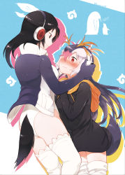 Rule 34 | 2girls, ass, bird, bird tail, black hair, blush, closed mouth, clothing cutout, collared jacket, cosplay, costume switch, cowboy shot, drawstring, emperor penguin (kemono friends), emperor penguin (kemono friends) (cosplay), furrowed brow, grey hair, hair over one eye, hands on headphones, hands up, headphones, height difference, high collar, highres, hood, hood down, hoodie, jacket, japari symbol, kemono friends, leotard, long hair, long sleeves, looking at another, multicolored hair, multiple girls, nose blush, open clothes, open jacket, orange hair, penguin, penguin tail, pink hair, pocket, red eyes, red hair, royal penguin (kemono friends), royal penguin (kemono friends) (cosplay), second-party source, seto (harunadragon), signature, smile, streaked hair, sweat, tail, tail through clothes, thighhighs, two-tone hair, white hair, white leotard, zettai ryouiki