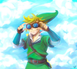 Rule 34 | 1boy, armor, belt, blonde hair, chainmail, cloud, day, earrings, gauntlets, gloves, goggles, hat, highres, jewelry, link, male focus, nintendo, sheath, sheathed, sky, smile, solo, sword, the legend of zelda, the legend of zelda: skyward sword, weapon