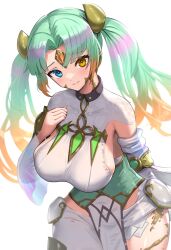 Rule 34 | 1girl, absurdres, aqua eyes, breasts, collarbone, corruption, fire emblem, fire emblem heroes, forehead jewel, gonzarez, green eyes, green hair, hand on own chest, heidr (fire emblem), highres, large breasts, looking at viewer, multicolored hair, nintendo, pelvic curtain, smile, solo, thighs, twintails, white background