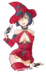 Rule 34 | 1girl, ;q, bare shoulders, black hair, breasts, choker, contrapposto, cowboy shot, criss-cross halter, cropped legs, detached sleeves, fingerless gloves, gloves, green eyes, guilty gear, halterneck, hat, highres, i-no, joelyn lai, large breasts, looking at viewer, lyn (shunao), mole, mole under mouth, one eye closed, red hat, red thighhighs, short hair, sideboob, simple background, solo, standing, thighhighs, tongue, tongue out, witch hat
