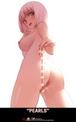 Rule 34 | 1girl, anal beads, anus, artist name, ass, breasts, dated, from behind, gridman universe, highres, looking at viewer, medium breasts, nipples, nude, open mouth, pink hair, purple eyes, pussy, sex toy, shinjou akane, short hair, simple background, solo, songchuan li, ssss.gridman, standing, teeth, upper teeth only, white background